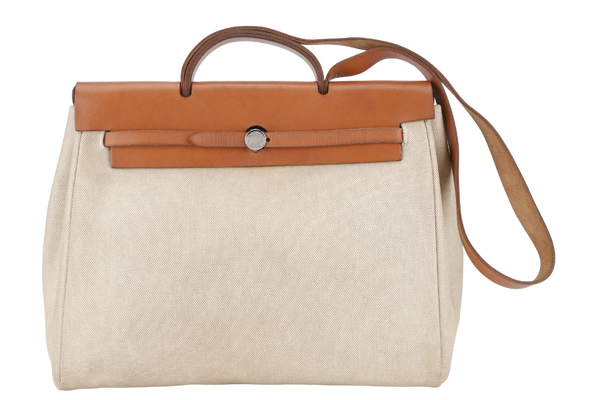 HERMES HERBAG SHOULDER BAG IN BEIGE CANVAS AND BROWN LEATHER STAMP D SQUARE (YEAR 2000) SILVER HARDWARE WITH DUST COVER