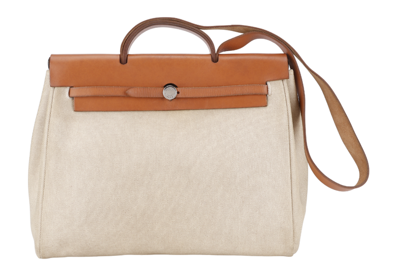 HERMES HERBAG SHOULDER BAG IN BEIGE CANVAS AND BROWN LEATHER STAMP D SQUARE (YEAR 2000) SILVER HARDWARE WITH DUST COVER