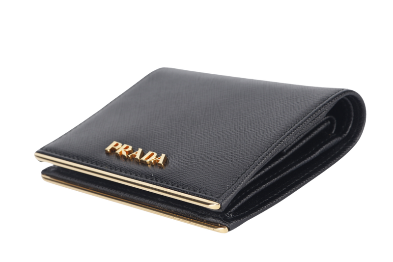 PRADA BLACK SAFFIANO CARD CASE WITH COIN POUCH GOLD HARDWARE NO CARD WITH BOX