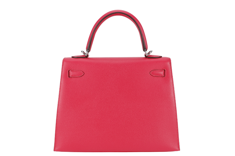 HERMES KELLY 25 SELLIER ROSE EXTREME EPSOM SILVER HARDWARE STAMP D (2020) WITH DUST COVER, LOCK & KEYS, STRAPS AND RAINCOAT