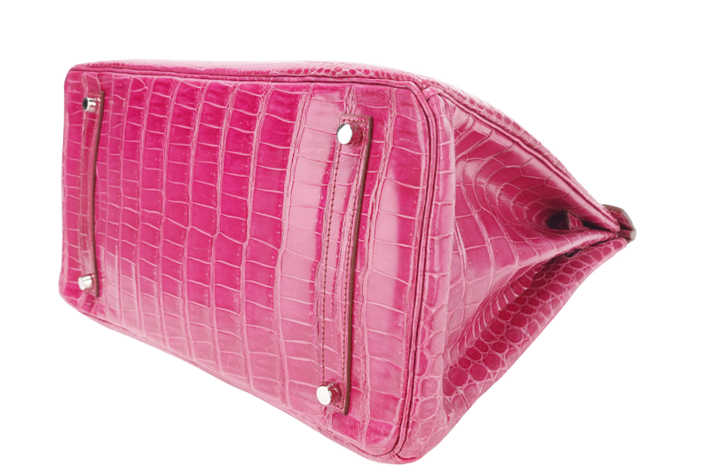 HERMES BIRKIN 35 STAMP N SQUARE (YEAR 2010) ROSE SCHEHERAZADE POROSUS CROC SKIN SILVER HARDWARE WITH KEYS&LOCK, RAINCOAT, DUST COVER & BOX