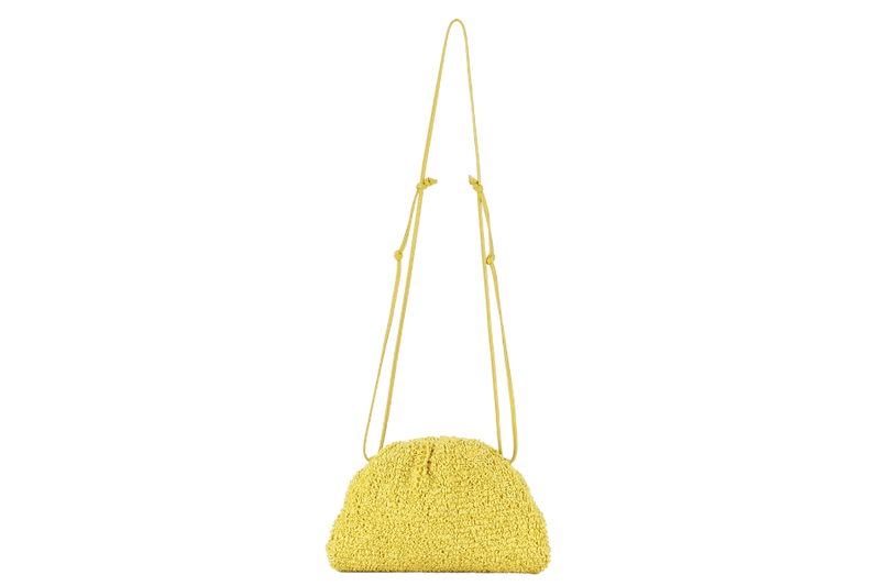 BOTTEGA VENETTA YELLOW CURLY RAFFIA LEATHER MINI THE POUCH BAG SILVER HARDWARE NO DUST COVER