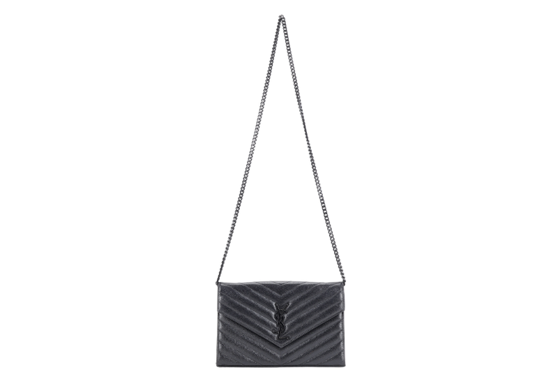 YVES SAINT LAURENT (YSL) CLASSIC CASSANDRE SO BLACK CHAIN WALLET MATELASSE LEATHER BLACK HARDWARE WITH STRAPS NO DUST COVER
