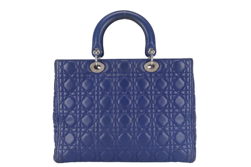 CHRISTIAN DIOR LADY DIOR (13-BO-1113) LARGE BLUE LAMBSKIN SILVER HARDWARE WITH LONG STRAPS NO DUST COVER