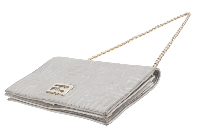 FENDI SILVER METALLIC NAPPA LOGO EMBOSSED W.O.C GOLD HARDWARE (AX41526) WITH CHAIN STRAPS NO DUST COVER