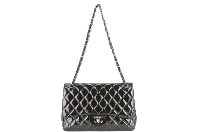 CHANEL CLASSIC DOUBLE FLAP BLUE JUMBO PATENT LEATHER SILVER HARDWARE (1442xxxx) WITH DUST COVER AND DUST COVER