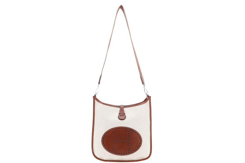 HERMES EVELYN PM STAMP SQUARE K (YEAR 2007) TOILE x BARENIA LEATHER WITH STRAP AND DUST COVER