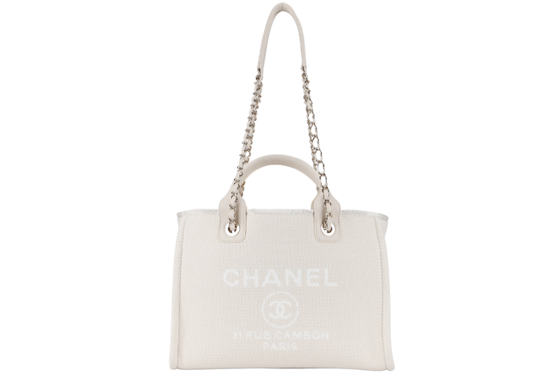 CHANEL DEAUVILLE SMALL BEIGE & WHITE CANVAS (K17Lxxxx) GOLD HARDWARE WITH DUST COVER AND BOX