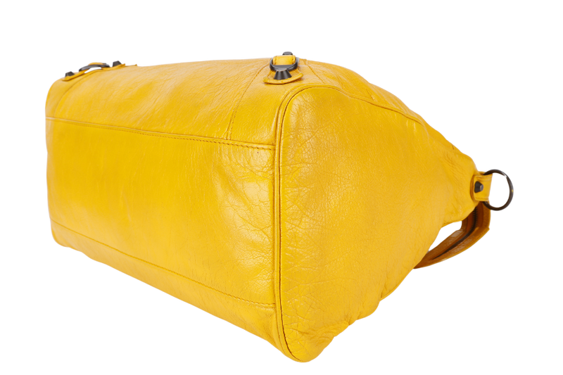 BALENCIAGA CITY VELO MUSTARD YELLOW LAMBSKIN HANDBAG WITH STRAPS AND DUST COVER