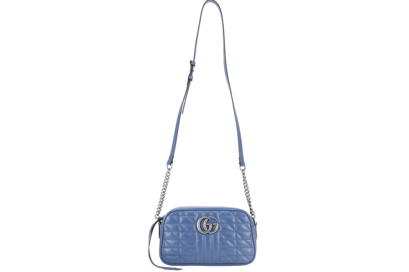 GUCCI MARMONT BLUE LEATHER CAMERA BAG SILVER HARDWARE WITH DUST COVER AND BOX