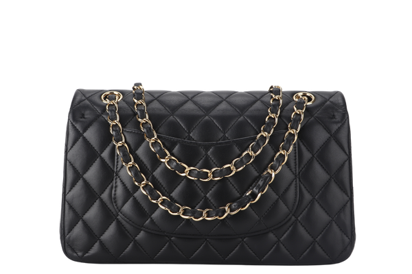 CHANEL CLASSIC FLAP MEDIUM BLACK LAMBSKIN GOLD HARDWARE WITH CARD (3040xxxx) WITH DUST COVER  AND BOX