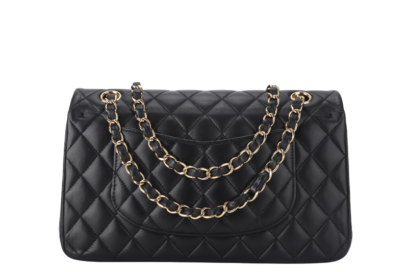 CHANEL CLASSIC FLAP MEDIUM BLACK LAMBSKIN GOLD HARDWARE WITH CARD (3040xxxx) WITH DUST COVER  AND BOX