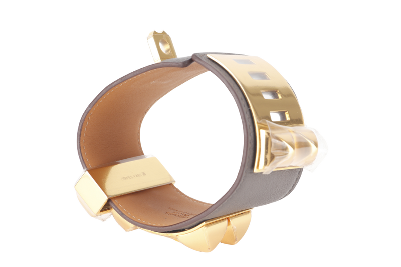 HERMES COLLIER DE CHEIN BRACELET GREY LEATHER GOLD HARDWARE STAMP O SQUARE (YEAR 2011) WITH DUST COVER AND BOX
