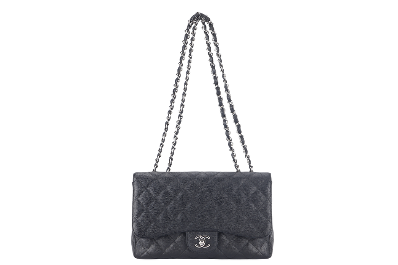 CHANEL CLASSIC FLAP JUMBO (1357xxxx) BLACK CAVIAR LEATHER SILVER HARDWARE WITH DUST COVER AND CARD