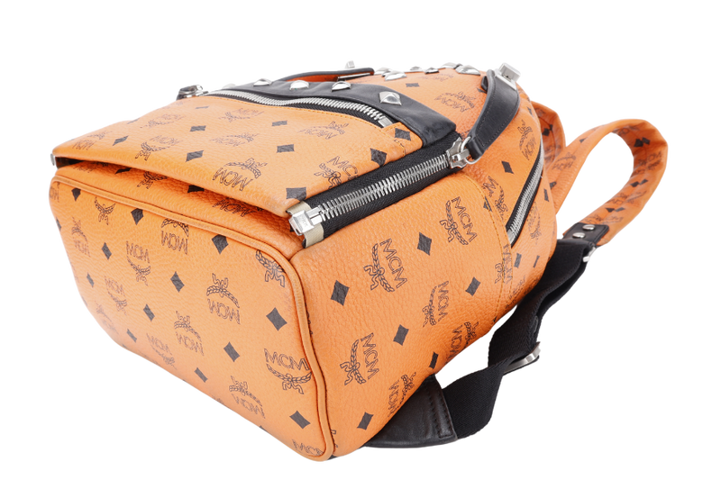 MCM STARK DUAL BACKPACK ORANGE-BLACK LEATHER SILVER HARDWARE NO DUST COVER