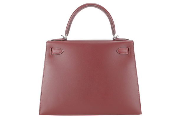 HERMES KELLY 28 SELLIER LETTRE M ROUGH H VERMILLION, ROSE TYRIEN IN SOMBRERO, CHEVRE, EPSOM, SILVER HARDWARE STAMP C (YEAR 2018) WITH KEYS, LOCK, STRAPS AND DUST COVER