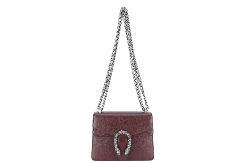 GUCCI 421970 493075 DIONYSUS MINI MAROON TANNED LEATHER SHOULDER BAG SILVER HARDWARE WITH DUST COVER