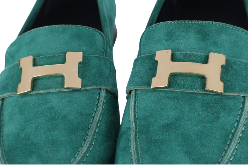 HERMES PARIS LOAFERS SHOES GREEN NUBUCK SIZE 38 WITH BOX