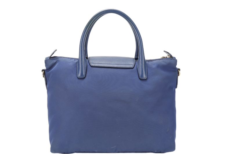 PRADA TESSUTO MEDIUM TOTE (BN2106) NAVY BLUE NYLON GOLD HARDWARE WITH CARD AND STRAPS