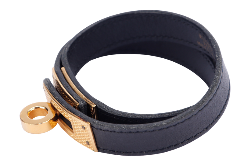 Hermes Kelly Double Tour Bracelet in Gold Guilloche Hardware, Black Leather, no Dust Cover & Box