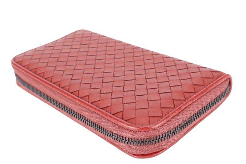 BOTTEGA VENETA INTRECCIATO RED ZIP AROUND WALLET B06817611U WITH DUST COVER AND BOX