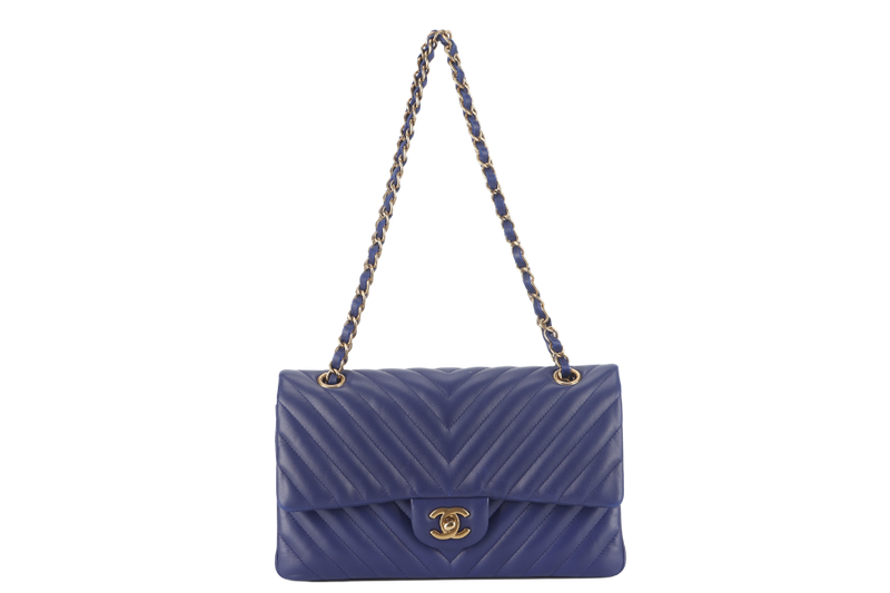 CHANEL CLASSIC FLAP CHEVRON (2117xxxx) DARK BLUE LAMBSKIN GOLD HARDWARE MEDIUM SIZE WITH CARD AND DUST COVER