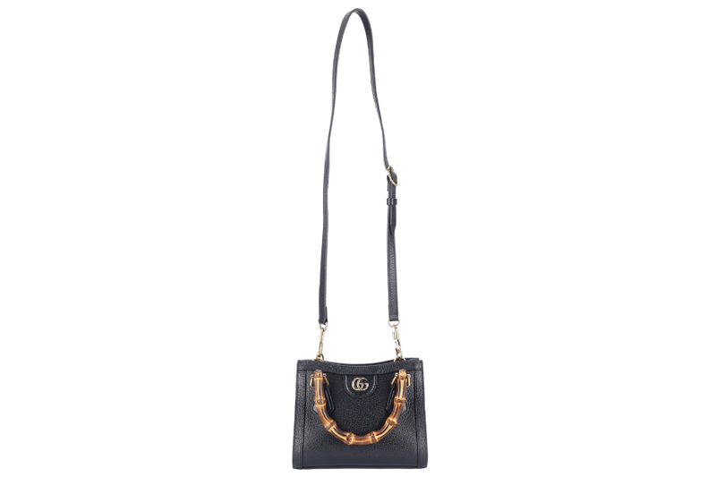 GUCCI DIANA BAMBOO MINI SHOULDER BAG BLACK CALFSKIN LEATHER GOLD HARDWARE WITH STRAPS AND DUST COVER