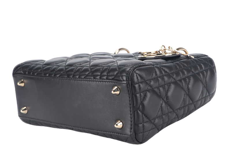 CHRISTIAN DIOR SMALL LADY DIOR BLACK LAMBSKIN GOLD HARDWARE WITH ICONS STRAPS AND DUST COVER