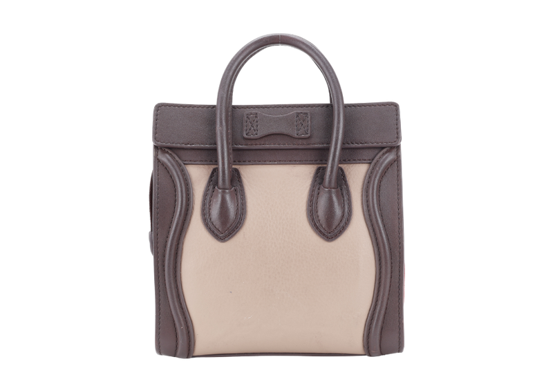 CELINE LUGGAGE NANO BAG TRICOLOR BROWN TAUPE LEATHER GOLD HARDWARE WITH LONG STRAPS
