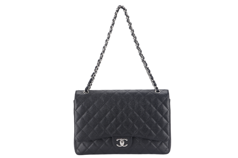 CHANEL CLASSIC DOUBLE FLAP MAXI (1437xxxx) BLACK CAVIAR SILVER HARDWARE WITH DUST COVER