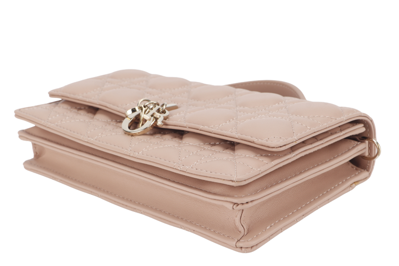CHRISTIAN DIOR CHAIN TOP HANDLE LADY DIOR WOC MINI CARAMEL BEIGE LAMBSKIN GOLD HARDWARE WITH STRAPS, CARD, DUST COVER AND BOX