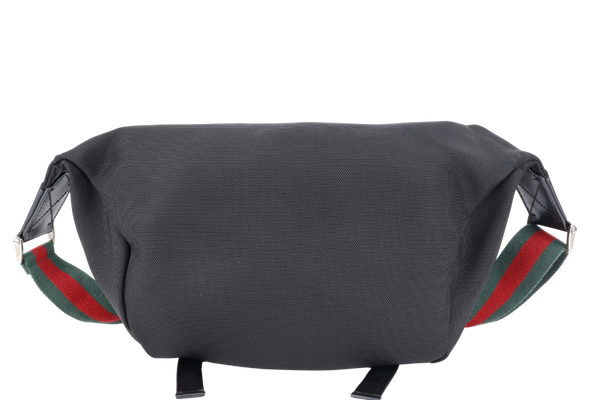 GUCCI TECHNO WEB BELT BAG BLACK CANVAS SILVER HARDWARE WITH DUST COVER