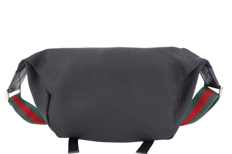 GUCCI TECHNO WEB BELT BAG BLACK CANVAS SILVER HARDWARE WITH DUST COVER