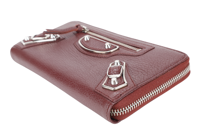 BALENCIAGA EDGE CONTINENTAL MAROON LEATHER ZIPPY WALLET SILVER HARDWARE WITH DUST COVER