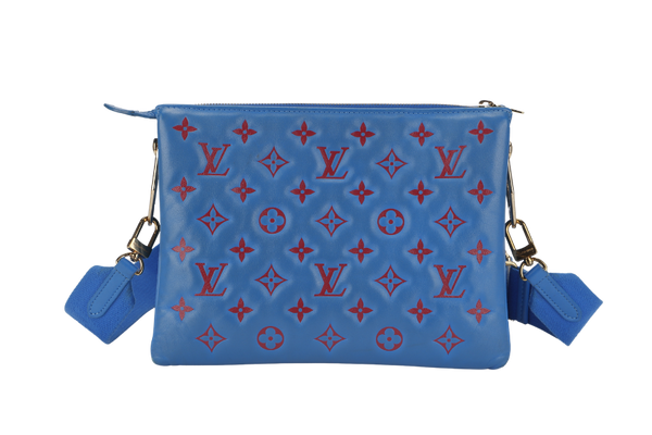 LOUIS VUITTON COUSSIN CROSSBODY BAG PM BLUE & RED EMBOSSED LAMBSKIN GOLD HARDWARE MICROCHIP WITH DUST COVER AND BOX