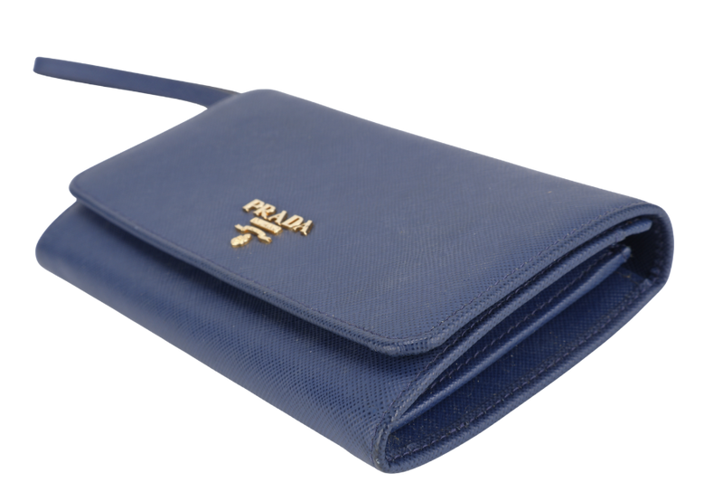 PRADA WRISTLET WALLET DARK BLUE SAFFIANO LEATHER GOLD HARDWARE