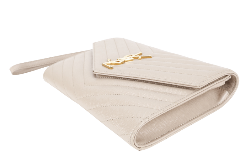 YVES SAINT LAURENT (YSL) CLUTCH BEIGE LEATHER GOLD HARDWARE WITH DUST COVER AND BOX