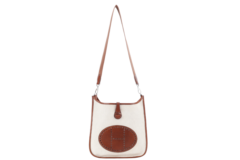 HERMES EVELYN PM TOILE X BARENIA LEATHER STAMP SQUARE K (YEAR 2007) WITH SLING AND DUST COVER