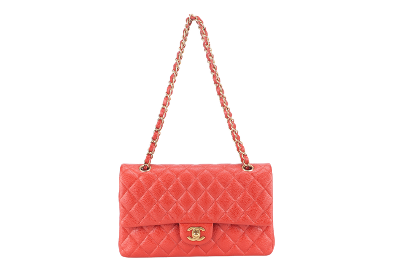CHANEL CLASSIC FLAP MEDIUM ORANGE RED CAVIAR GOLD HARDWARE (2051xxxx) WITH CARD