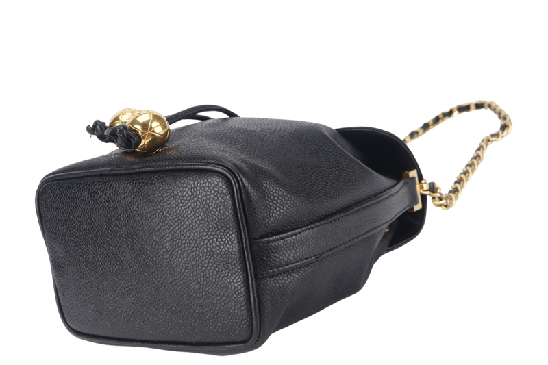 CHANEL VINTAGE BLACK CAVIAR MINI SLING BUCKET BAG WITH FLAP GOLD HARDWARE NO CARD, NO DUST COVER