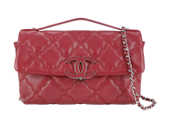 CHANEL HAMPTONS WILD STITCH DARK RED LEATHER FLAP BAG SILVER HARDWARE (1783xxxx) WITH CARD, DUST COVER AND BOX
