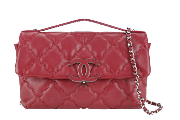 CHANEL HAMPTONS WILD STITCH DARK RED LEATHER FLAP BAG SILVER HARDWARE (1783xxxx) WITH CARD, DUST COVER AND BOX