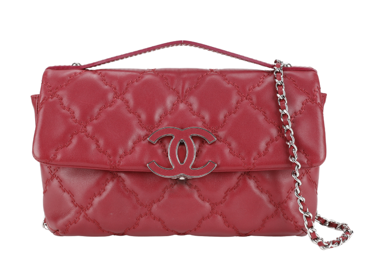 CHANEL HAMPTONS WILD STITCH DARK RED LEATHER FLAP BAG SILVER HARDWARE (1783xxxx) WITH CARD, DUST COVER AND BOX