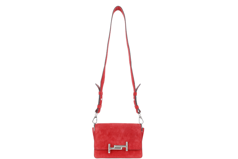 TODS AMU PATTINA TRACOLLA MINI RED SUEDE SHOULDER BAG SILVER HARDWARE WITH STRAPS AND DUST COVER