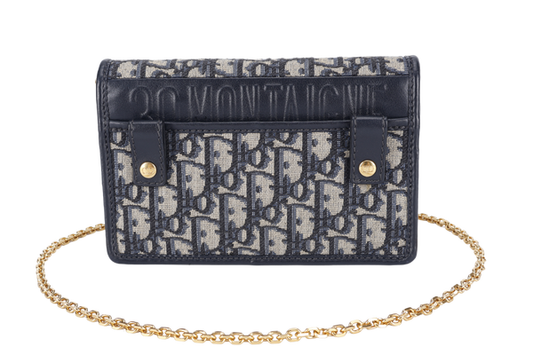 CHRISTIAN DIOR MONTAIGNE 2 IN 1/W.O.C BLUE NAVY OBLIQUE JACQUARD GOLD HARDWARE WITH CHAIN STRAPS, LEATHER STRAPS , DUST COVER AND BOX