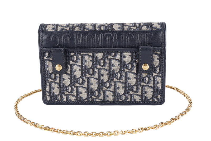 CHRISTIAN DIOR MONTAIGNE 2 IN 1/W.O.C BLUE NAVY OBLIQUE JACQUARD GOLD HARDWARE WITH CHAIN STRAPS, LEATHER STRAPS , DUST COVER AND BOX