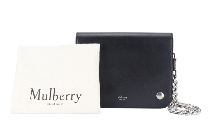 MULBERRY CLIFTON SHOULDER BAG BLACK CROSSBOARDED CALFSKIN BRUSHED SILVER HARDWARE WITH CHAIN STRAP AND DUST COVER