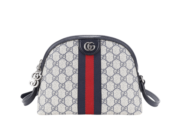 GUCCI OPHIDIA CROSS BODY BAG SMALL BLUE GG MONOGRAM CANVAS SILVER HARDWARE WITH DUST COVER AND BOX