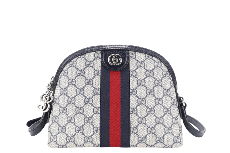 GUCCI OPHIDIA CROSS BODY BAG SMALL BLUE GG MONOGRAM CANVAS SILVER HARDWARE WITH DUST COVER AND BOX