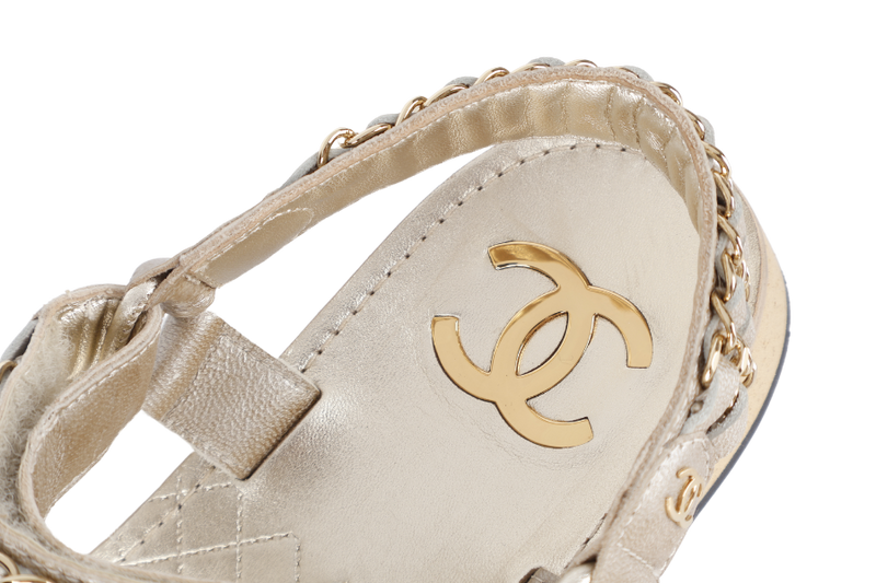 CHANEL CHAIN SANDAL GOLDEN LEATHER SIZE 37.5 WITH DUST COVER